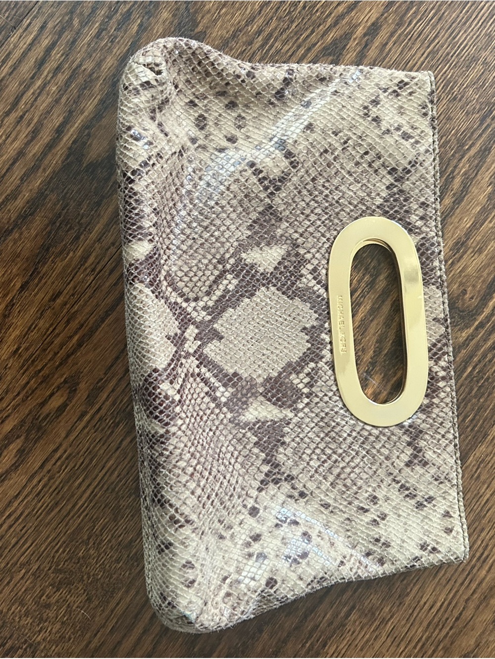 Michael Kors Beige Taupe Snakeskin-Print Clutch with Gold Hardware